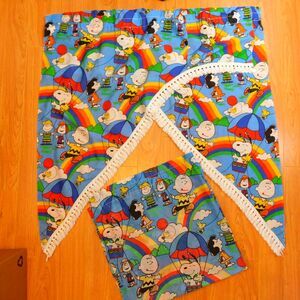 VINTAGE PEANUTS SNOOPY'S BLUE RAINBOW CURTAINS Valances Fringe Sears 3 Pieces